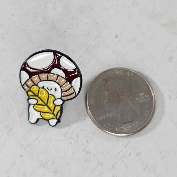 Mushroom Character Enamel Pin Holding Leaf Quirky Fantasy Woodland Creature - Picture 3 of 8